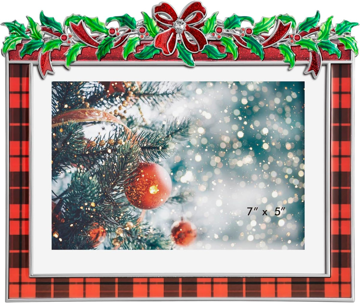 Christmas 5x7 Picture Frame Christmas Metal Display Photo Frames with Rhinestone High Definition Glass Front Gift Ideas Tabletop Home Decorative (Red Grid)