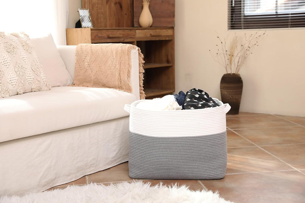 20x12x16 Inch Cottonphant Extra Large Rectangular Basket, Open Cotton Rope Blanket Storage Bin for Living Room Bedroom Closet, White & Grey