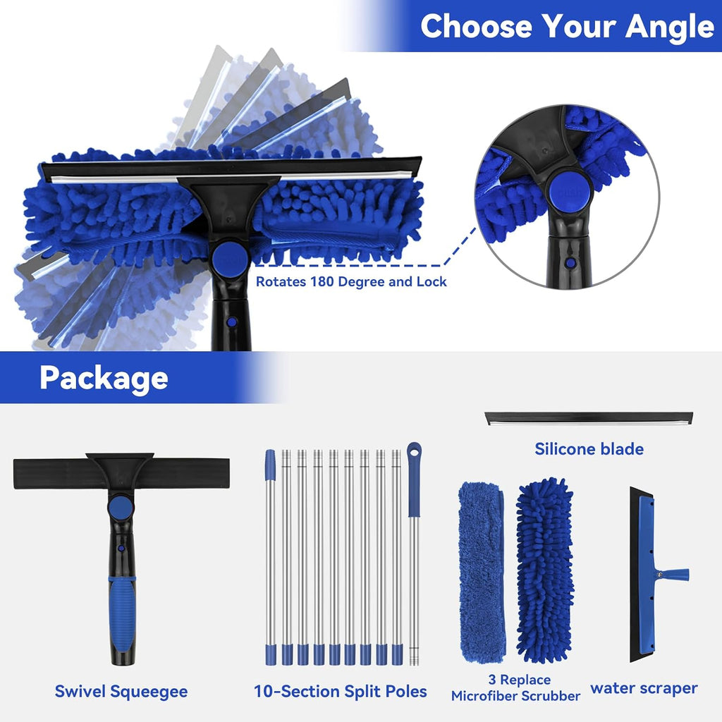Window Washing Kit with Extension Pole: 3 in 1 Window Squeegee 20+ Ft Reach