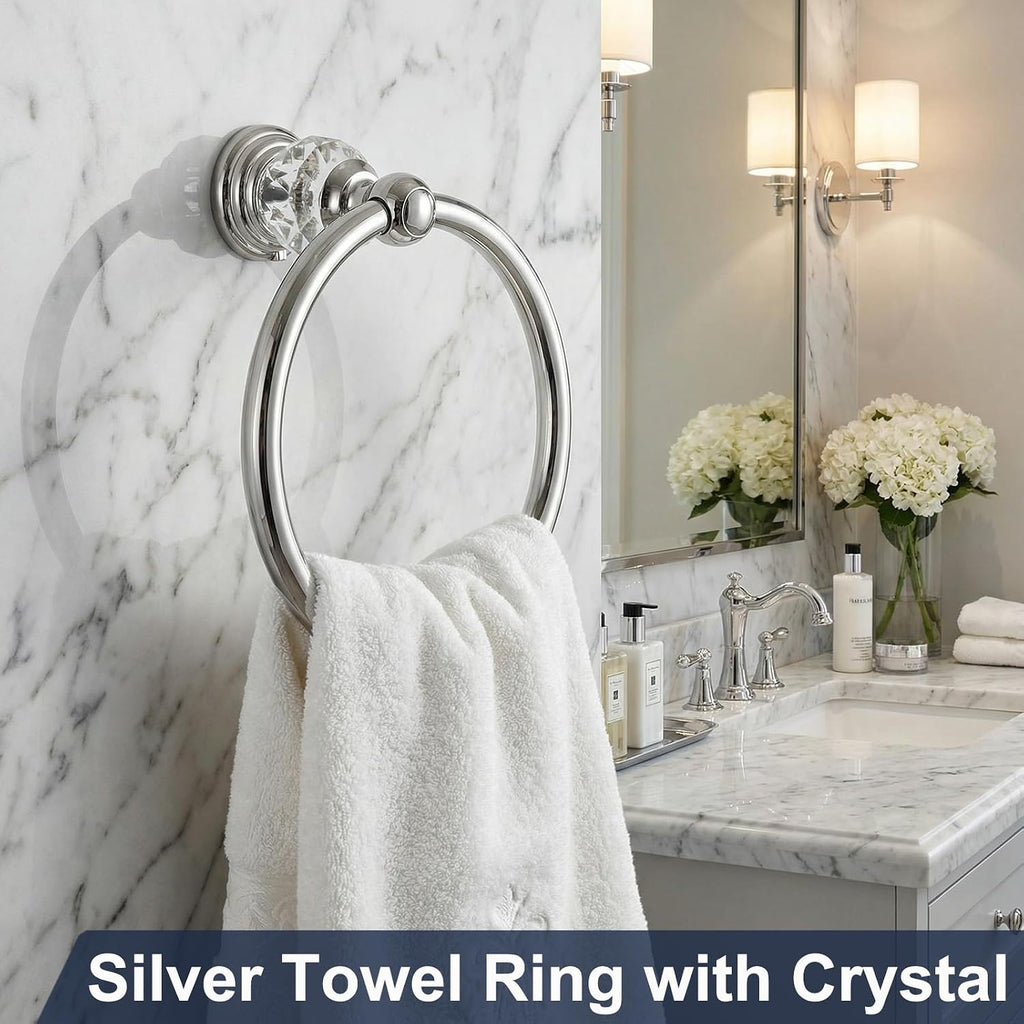 Silver Towel Ring with Crystal, Round Hand Towel Holder for Bathroom