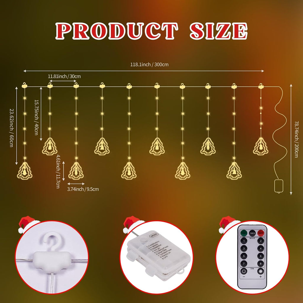 Christmas Tree Curtain Lights, Christmas Window Lights Decor with Remote,8 Lighting Modes, IP65 Waterproof, 10 Hooks Christmas Decorations Indoor Outdoor for Bedroom Party Wall Door Window