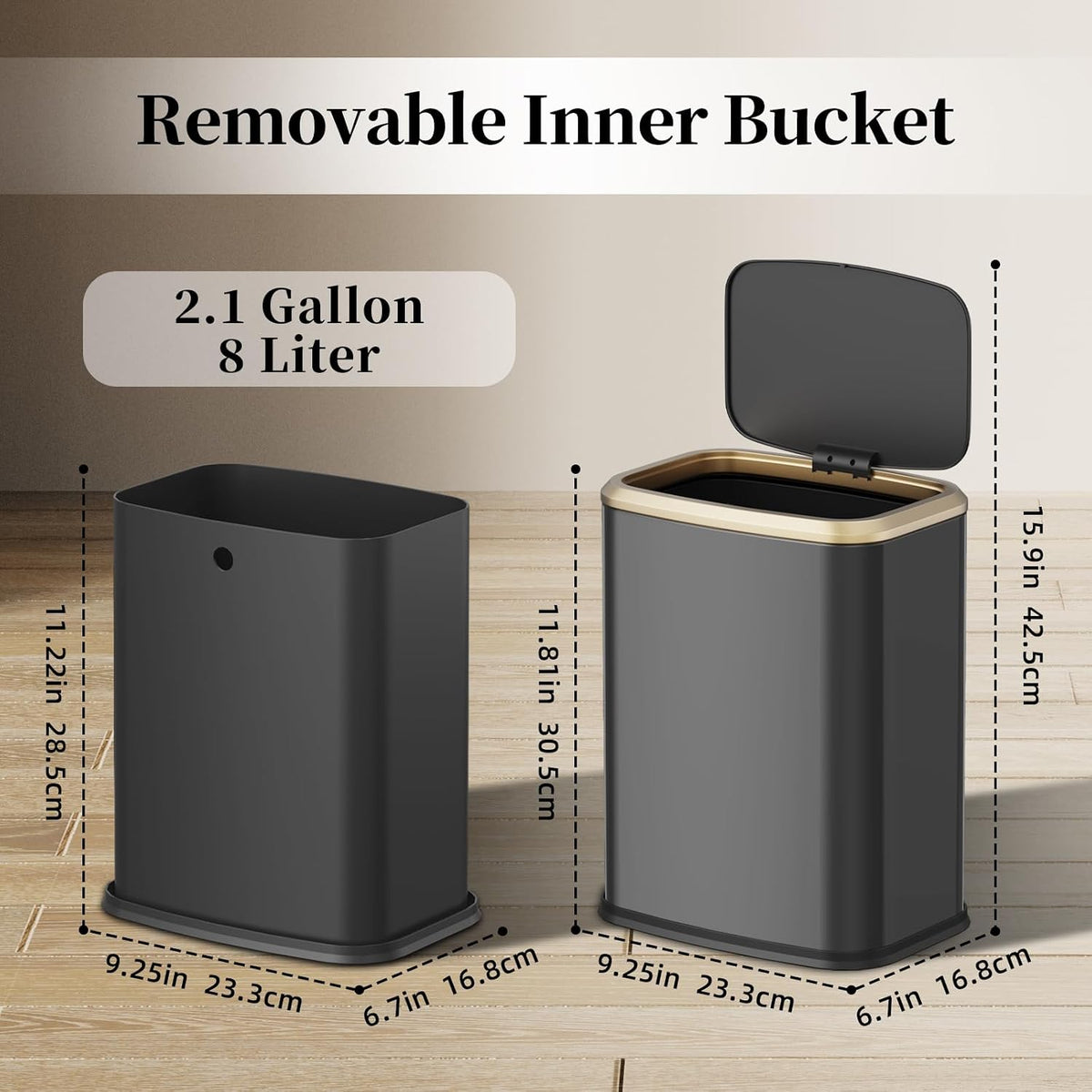 2.1 Gallon Bathroom Trash Can with Lid Press Top, 8 Liter Stainless Steel Garbage Can with Press Type Lid, Slim Trash Bin Waste Basket for Toilet, Office, Bedroom (Titanium Black)