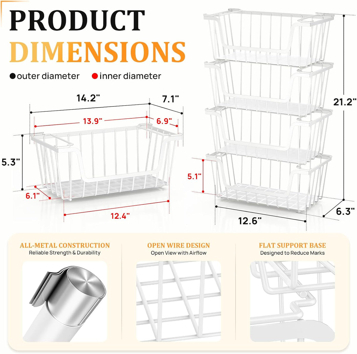 SUNALLY Stackable Storage Bins 4 Pcs Wire Baskets Freezer Organizer, White