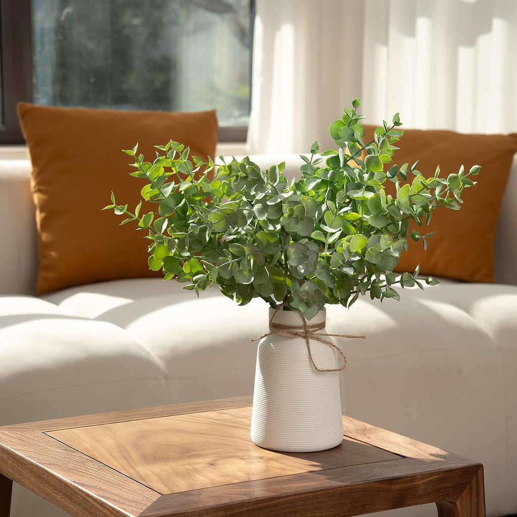 Artificial Eucalyptus Stems in White Ribbed Texture Ceramic Vase,Realistic Greenery 14" Faux Plant Arrangements Home Decor Weddings Centerpieces