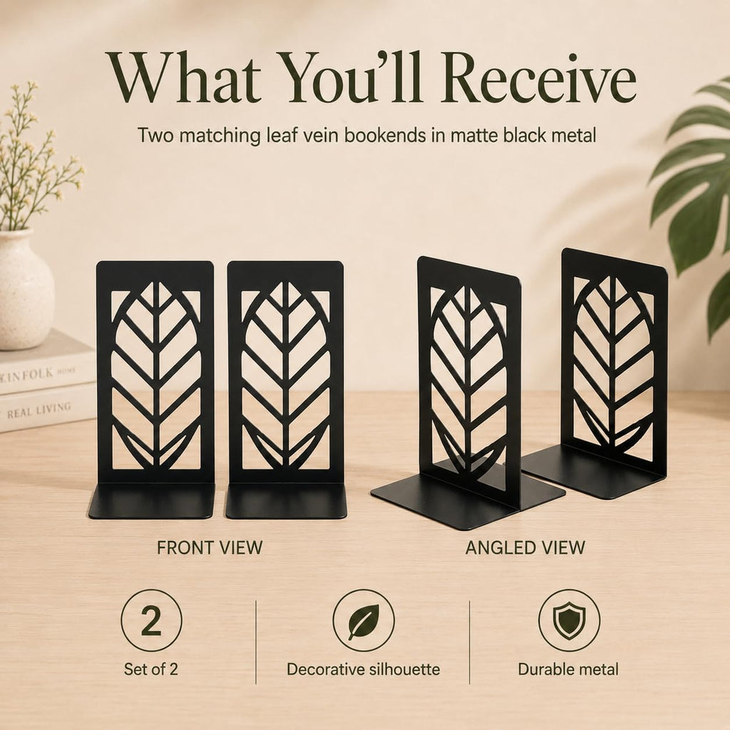 Leaf Vein Bookends, Set of 2 (1 Pair), Matte Black Metal Book Ends for Shelves, Bookshelf, Desk and Home Library Decor
