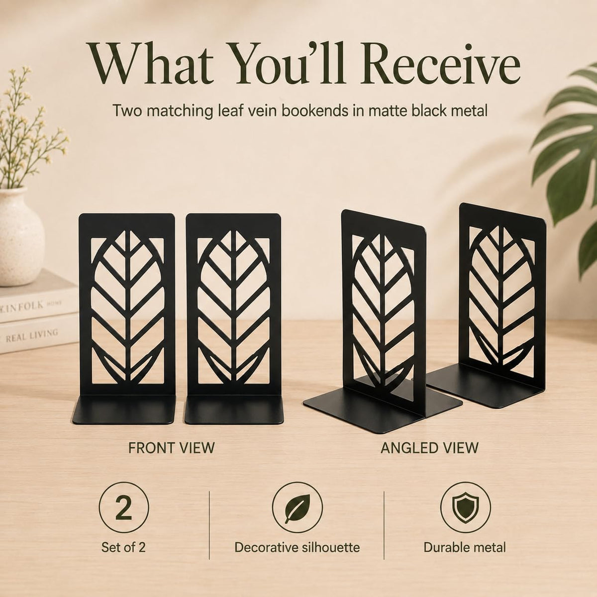 Leaf Vein Bookends, Set of 2 (1 Pair), Matte Black Metal Book Ends for Shelves, Bookshelf, Desk and Home Library Decor