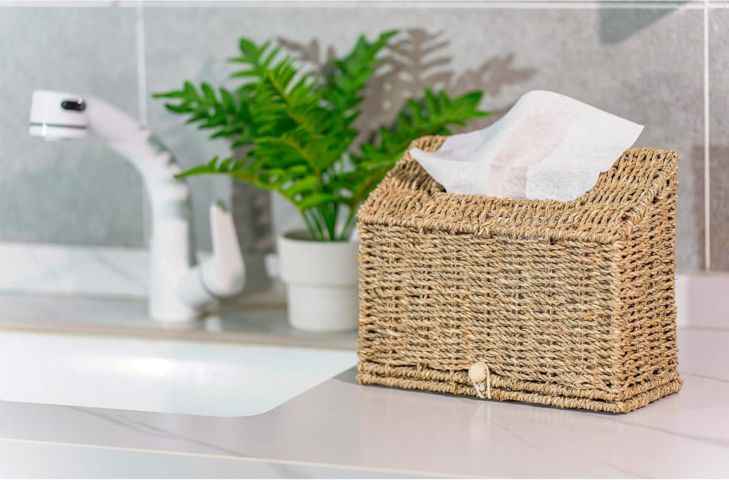 Seagrass Hand Towels Box Cover for Kleenex Disposable Paper Hand Towels, Handwoven Towel Holder, Wicker Tissue Box Cover for Bathroom, Bedroom, Office, Tabletop, Kitchen