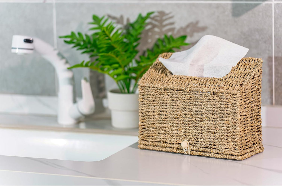 Seagrass Hand Towels Box Cover for Kleenex Disposable Paper Hand Towels, Handwoven Towel Holder, Wicker Tissue Box Cover for Bathroom, Bedroom, Office, Tabletop, Kitchen