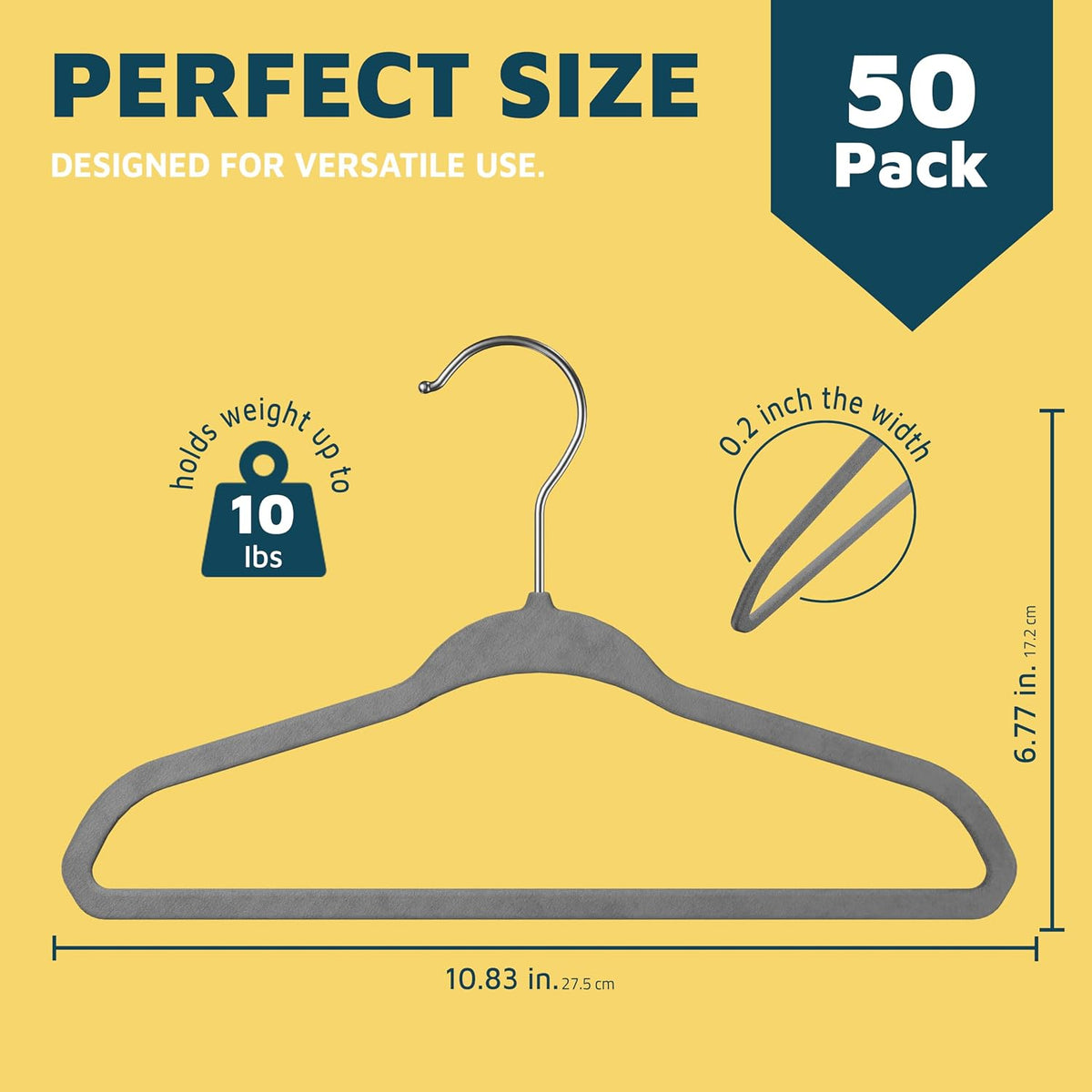 Gray Velvet Kids Hangers 50 Pack, 10.83" Non-Slip Baby & Toddler Hangers for Clothes, Space-Saving Slim ABS Plastic with 360° Swivel Hook & Notched Shoulders, Up to 10 lb Capacity