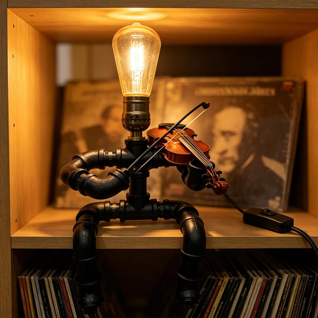 Industrial Pipe Violinist Table Lamp, Black Metal