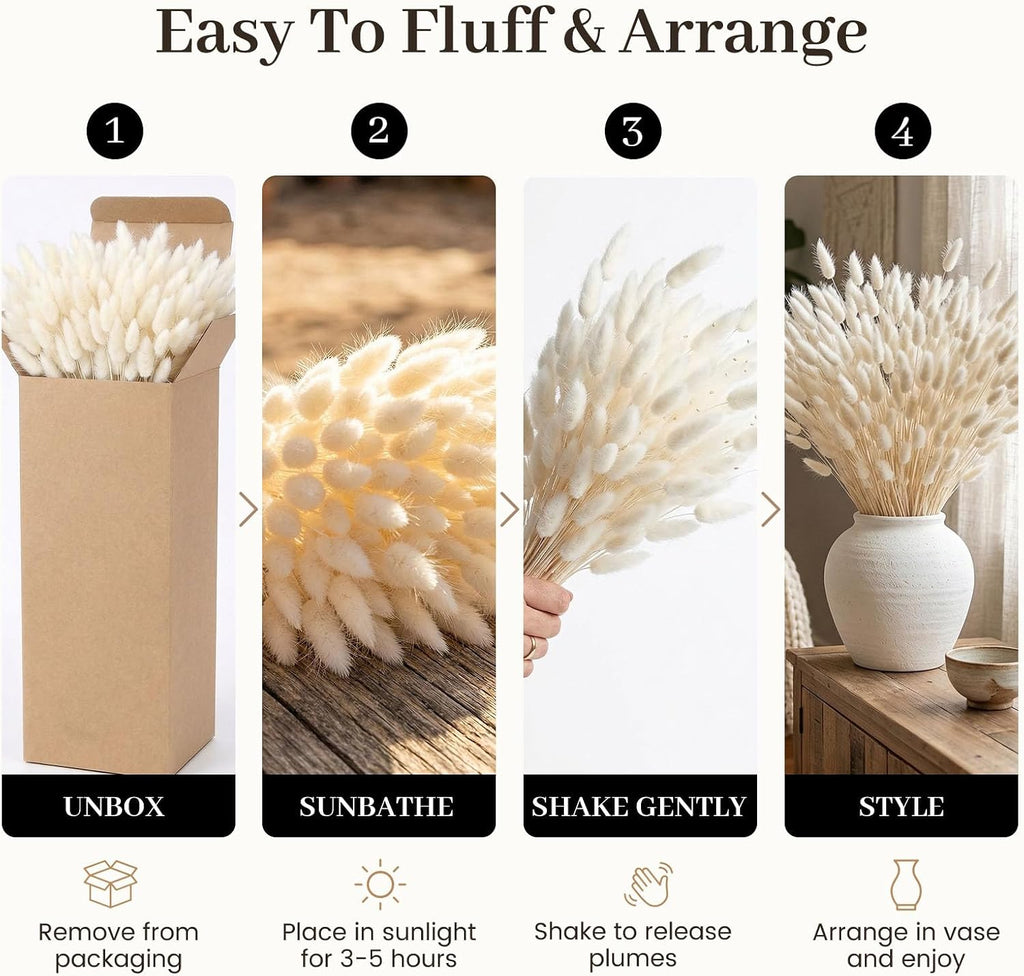 JOHOUSE 120PCS Dried Pampas Grass Decor, 17 Inch White Bunny Tails