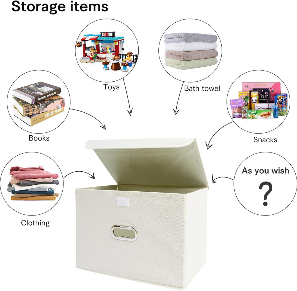 Fabric Foldable Collapsible Storage Cube Bin Organizer Basket with Lid, Handles, Removable Divider for Home, Closet (Creamy-White, 6Pcs)