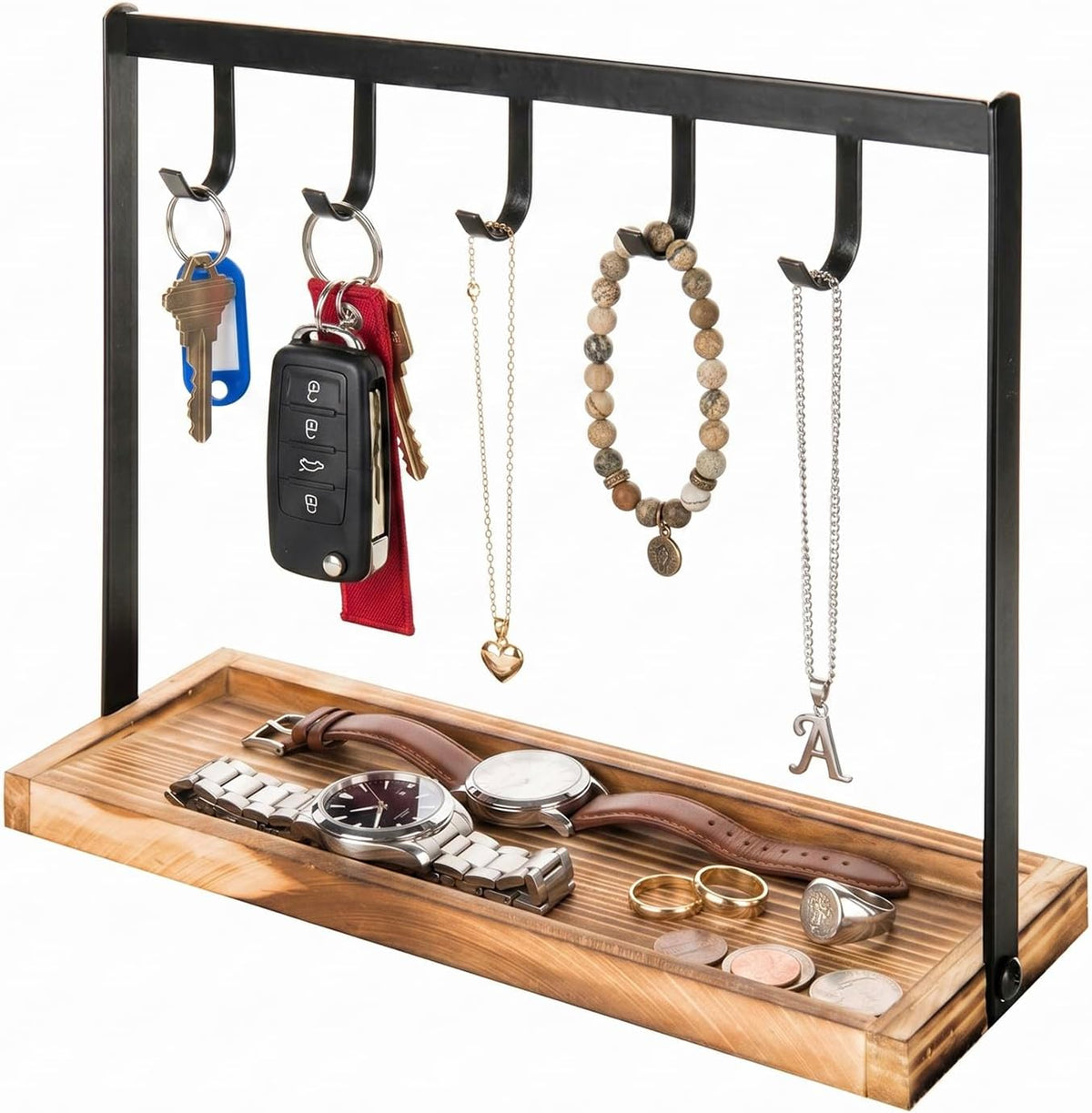 MyGift Black Metal Key Holder with 5 Hooks, Burnt Wood Jewelry Organizer