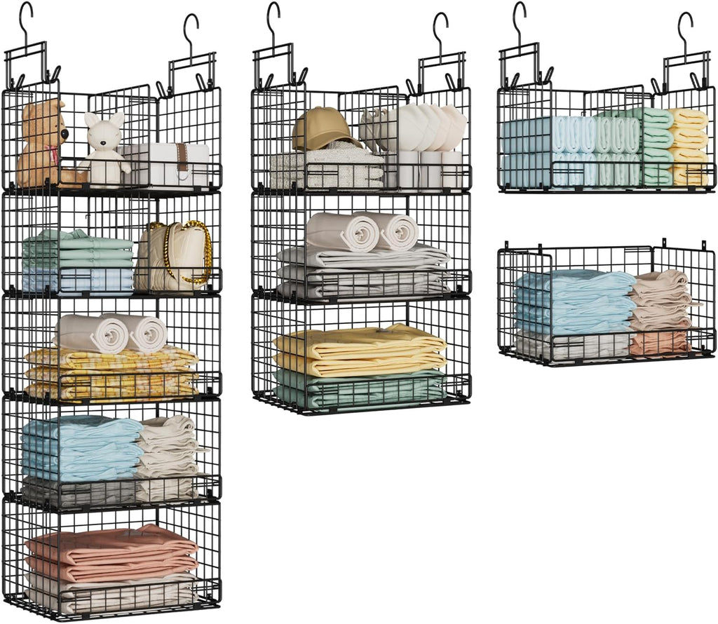VyGrow 5 Tier Hanging Closet Organizer with Adjustable Dividers, Heavy-Duty Storage Shelves for Clothing, Kitchen, Laundry Room, Extra Large Baskets, 15.7" W x 11.8" D x 51" H, Black