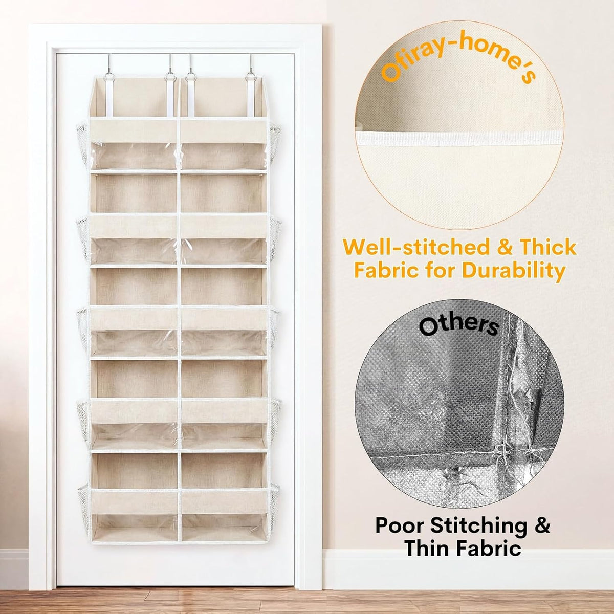 Ofiray-home Over the Door Organizer 5 Tiers,Extra Large Behind Door Storage of 10 Compartments,80 lbs Weight Capacity Over the Door Storage, Door Hanging Organizer for Closet, Diaper Organizer, Beige