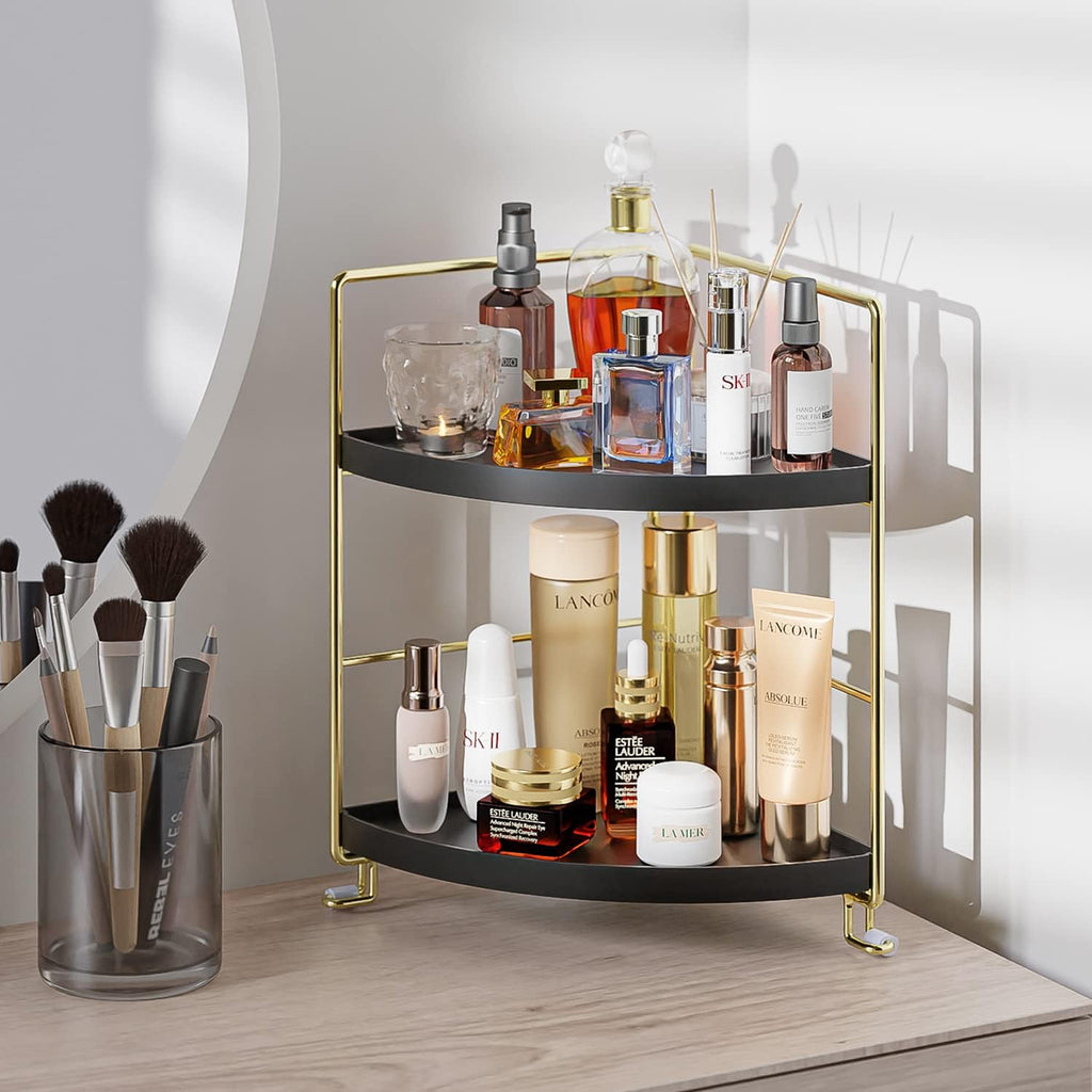 KINGNERWI 2-Tier Bathroom Counter Organizer, Vanity Corner Shelf, Black