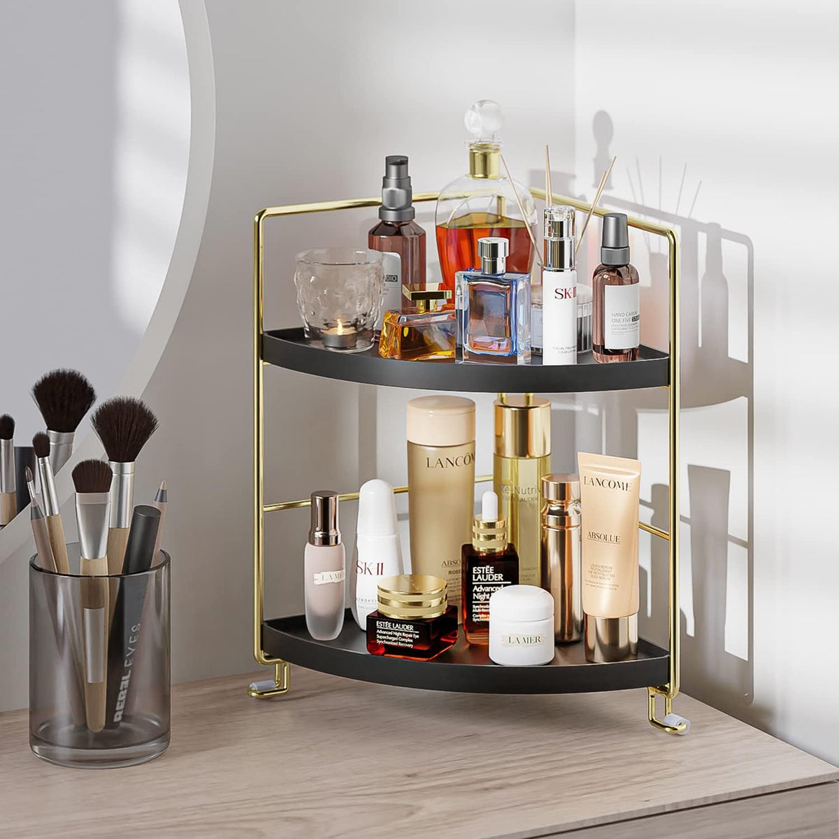 KINGNERWI 2-Tier Bathroom Counter Organizer, Vanity Corner Shelf, Black