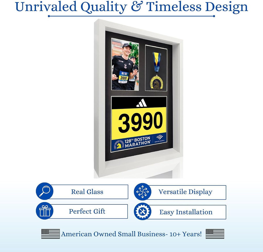 3-in-1 Shadow Box Display with Real Glass (Medal, Race Bibs, and Photo Display) – Marathon Medal Display and Frame, Triathlon & Running Bib Holder, Wall-Mounted, Real Tempered Glass- White