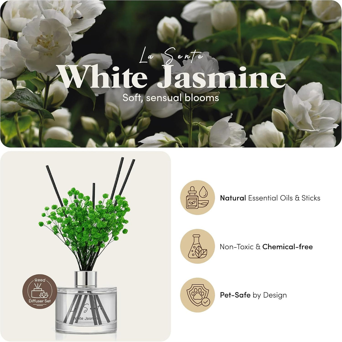 Reed Diffuser Set, White Jasmine 6.7 fl oz/ 200 ml, for Home