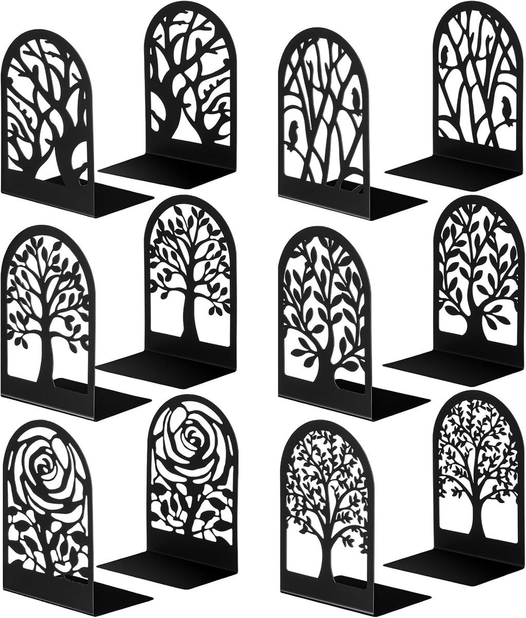 Feifeiya 6 Pairs Decorative Book Ends Metal Bookends for Shelves Black Metal Heavy Duty Book Ends Holder Supports Stoppers for Home Office School, 6.9x4.9x3.5”(Tree and Flower)