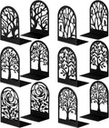 Feifeiya 6 Pairs Decorative Book Ends Metal Bookends for Shelves Black Metal Heavy Duty Book Ends Holder Supports Stoppers for Home Office School, 6.9x4.9x3.5”(Tree and Flower)