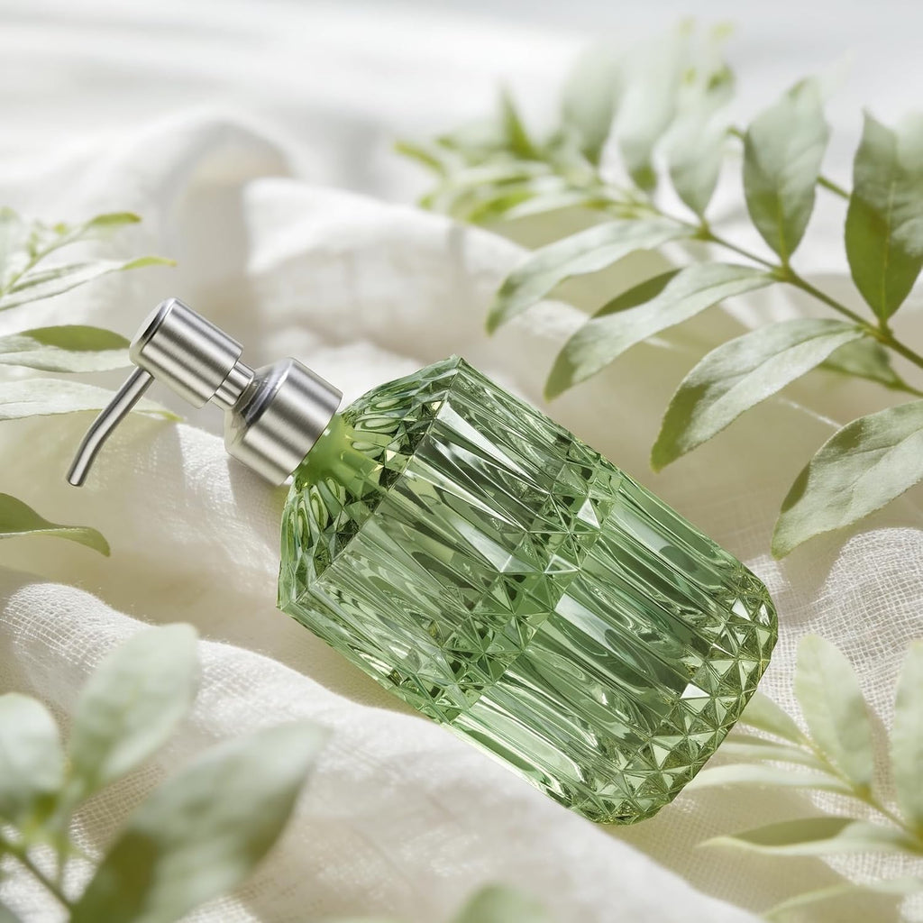 AmazerBath Soap Dispenser, Green Glass Soap Dispenser with Pump Stainless Steel, 14.2OZ Refillable Hand Bottles Bathroom Kitchen, 1 Pack