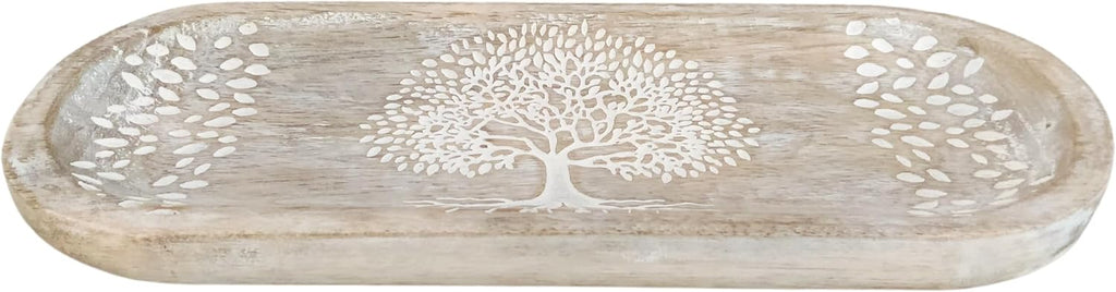 VANIYA CRAFTS® Wooden Handmade Tree of Life Design Boat Shape Incense Holder Stand Insence Tray for Sticks Home Decor Restaurant (11X4,Antique White)