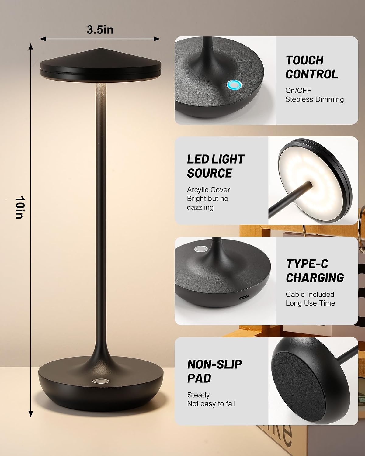 LED Rechargeable Portable Cordless Table Lamp (Black)