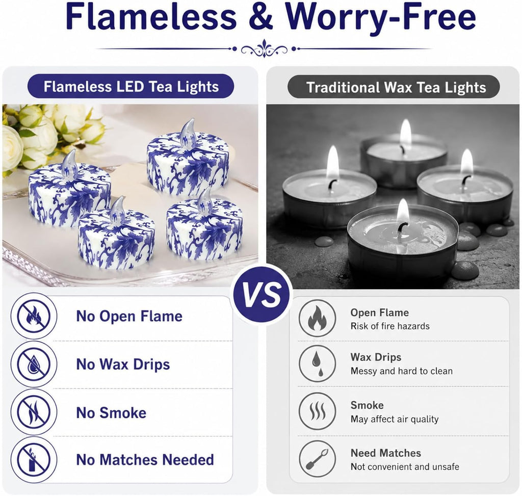Flameless Tea Lights with Remote & Timer, 12 Pack Blue and White Floral LED Tealight Candles, Battery Operated Dimmable Flickering Lights for Wedding Home Decor