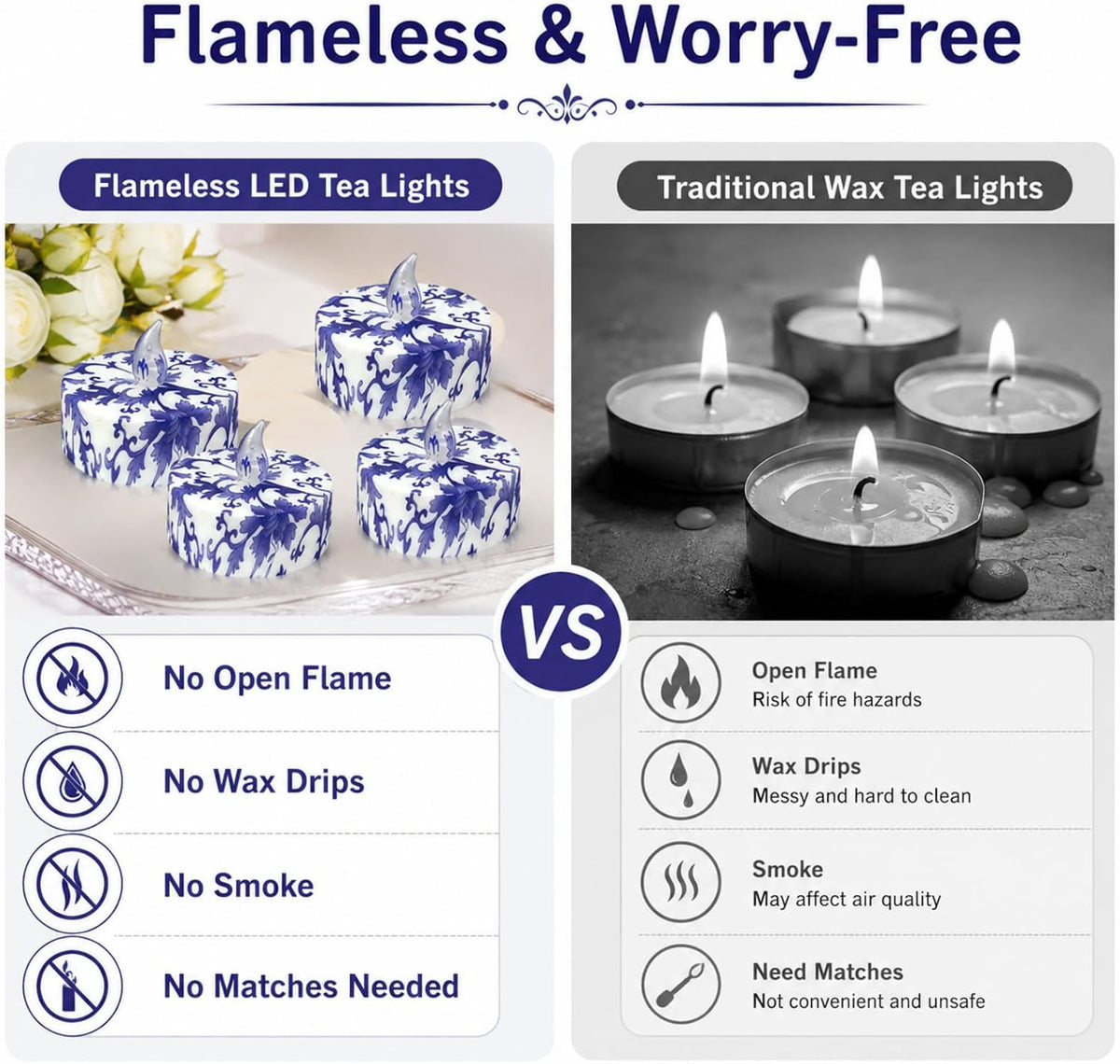 Flameless Tea Lights with Remote & Timer, 12 Pack Blue and White Floral LED Tealight Candles, Battery Operated Dimmable Flickering Lights for Wedding Home Decor