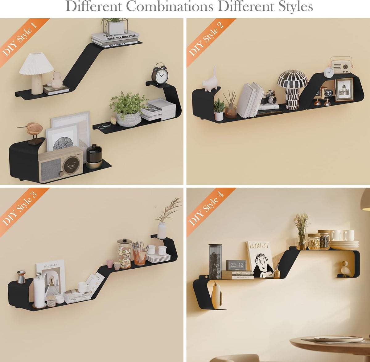 Sttoraboks Floating Shelves, Set of 3 Wall Mounted Metal Shelves with Unique Design for Wall Storage, Book Shelf, Display Shelves for Bathroom Bedroom Kitchen Living Room, Black