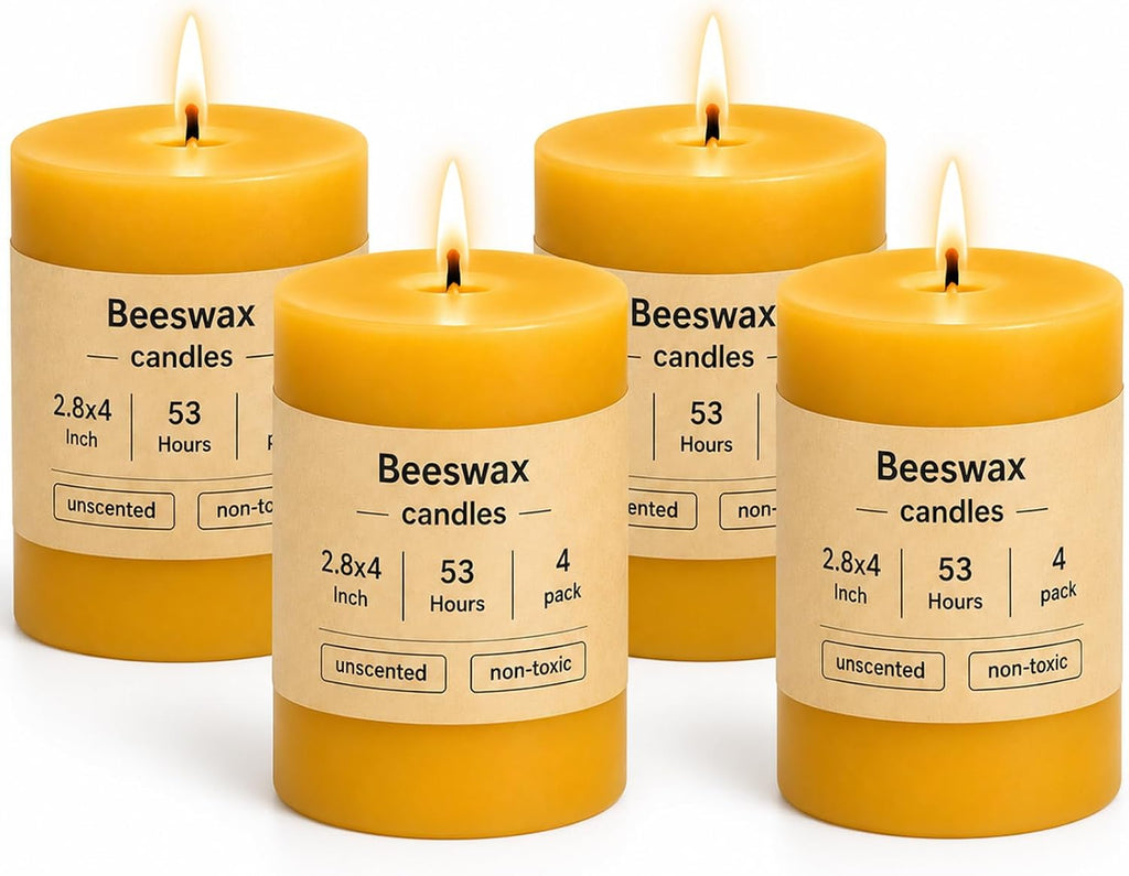4 Pack Beeswax Pillar Candles, 2.8x4 inch Yellow Pillar Candle,53 Hours