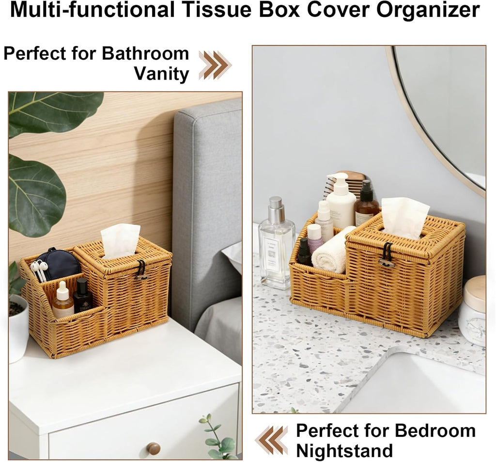 Square Tissue Box Cover with Storage, Multifunction Cube Tissue Box Holder, Farmhouse Wicker Remote Control Nightstand Organizer Caddy for Bathroom, Home, Office Decor, Kitchen Countertop