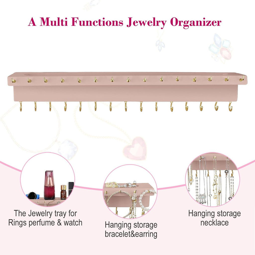 YYILIS Necklace Holder, Upgraded Extra Large Wall Necklace Organizer with 30 Hooks Wall Mounted Necklace Hanger with Jewelry Tray/Cosmetics Shelf Rustic Pine Wood Holder (Pink)