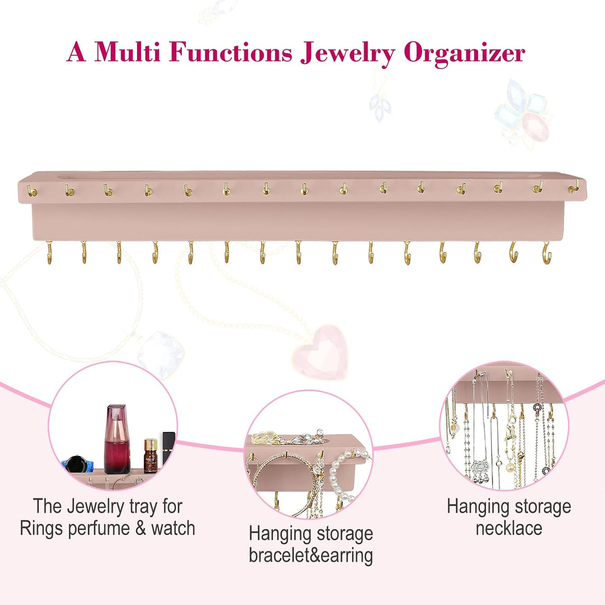 YYILIS Necklace Holder, Upgraded Extra Large Wall Necklace Organizer with 30 Hooks Wall Mounted Necklace Hanger with Jewelry Tray/Cosmetics Shelf Rustic Pine Wood Holder (Pink)