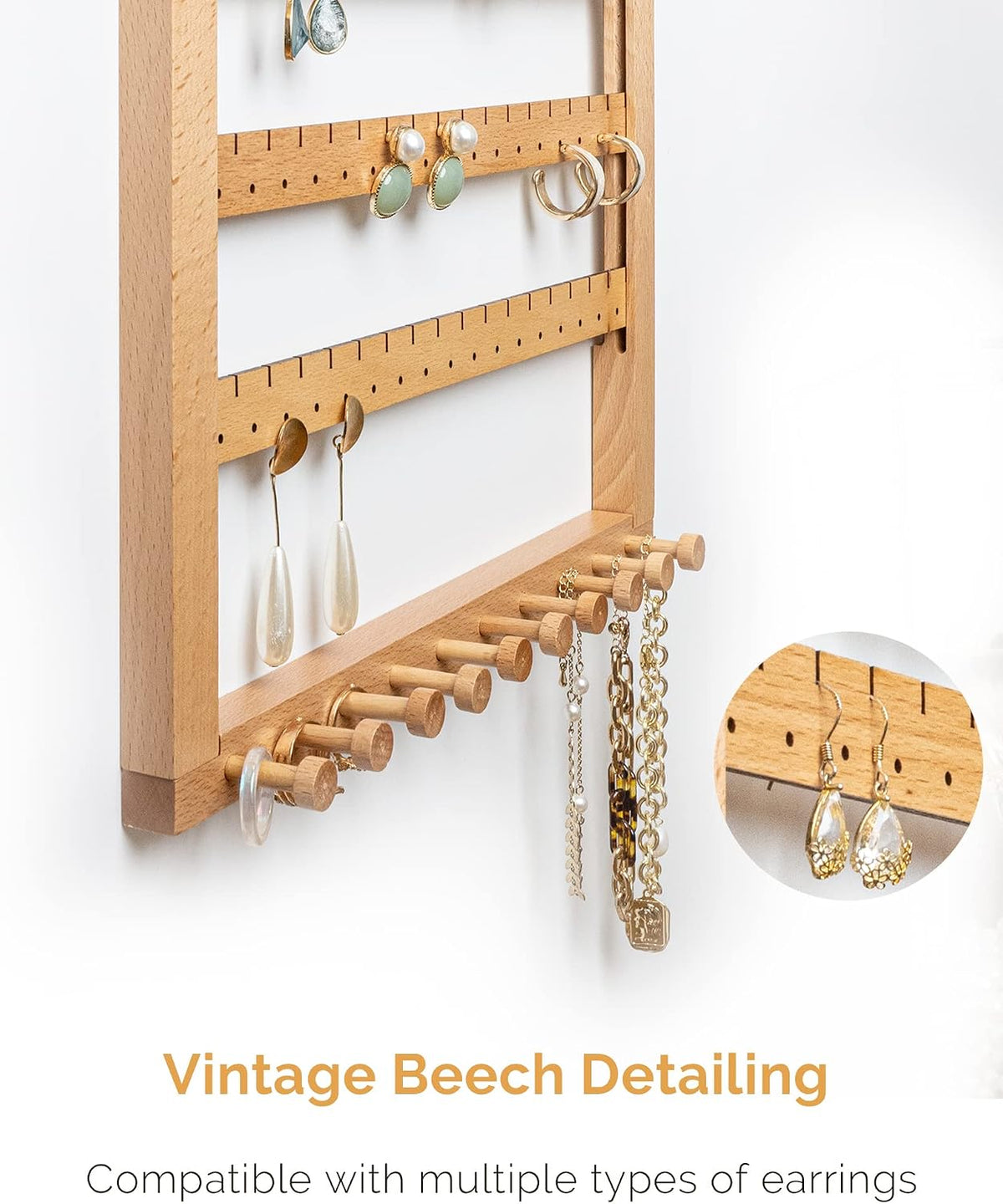 Mymazn Beech Earring Wall Holder Hanging Jewelry Organizer Assembly Display Wall Mount Organizer for Necklaces Rings Scrunchies