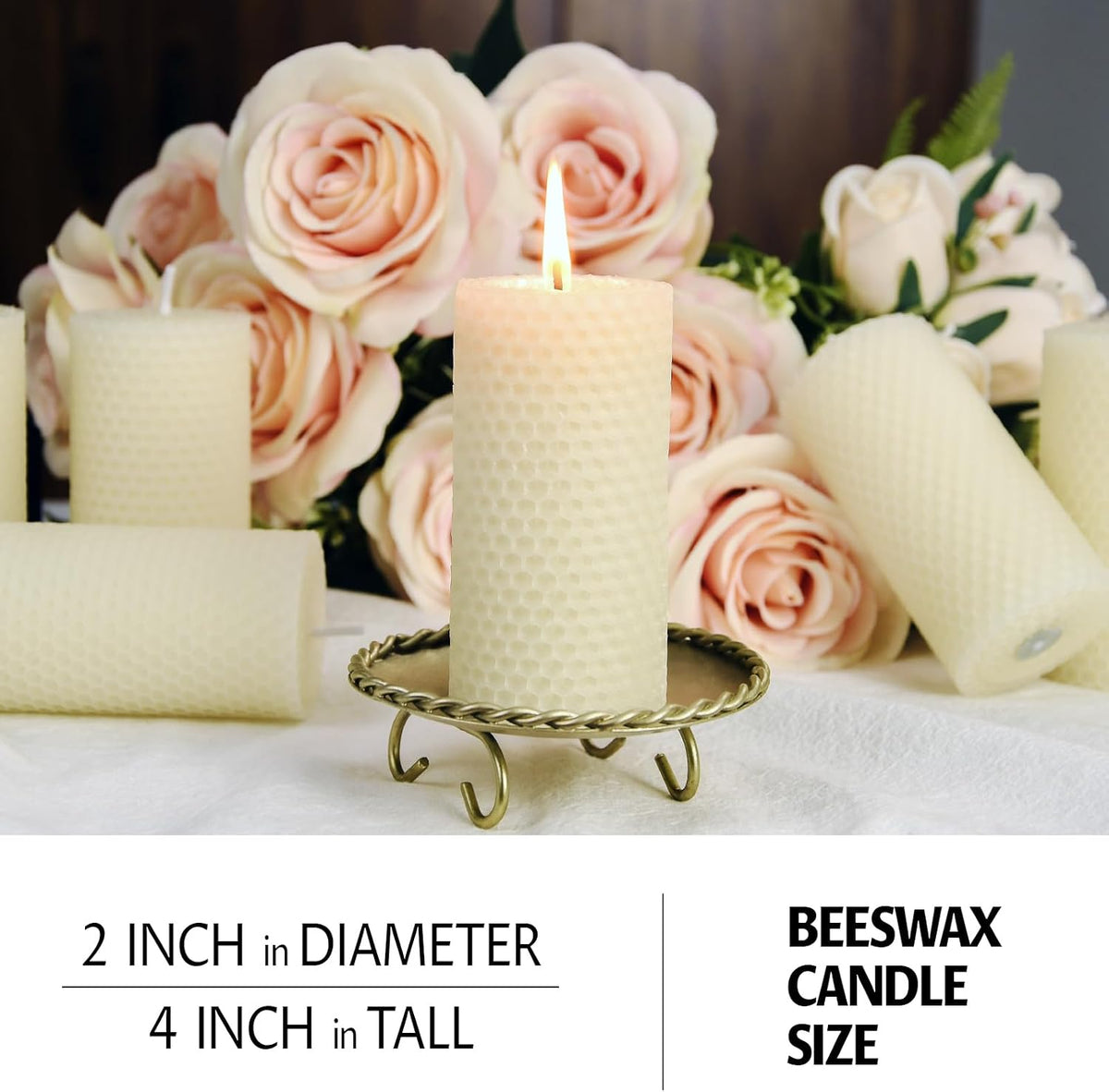 Hand Rolled Honeycomb Beeswax Pillar Candles, Ivory White, 2x4 Inch, 2 Pack