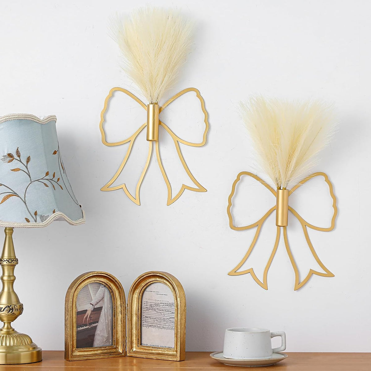 Weysat 2 Pcs Gold Bow Metal Wall Decor Art with Pampas Boho Wall Decor