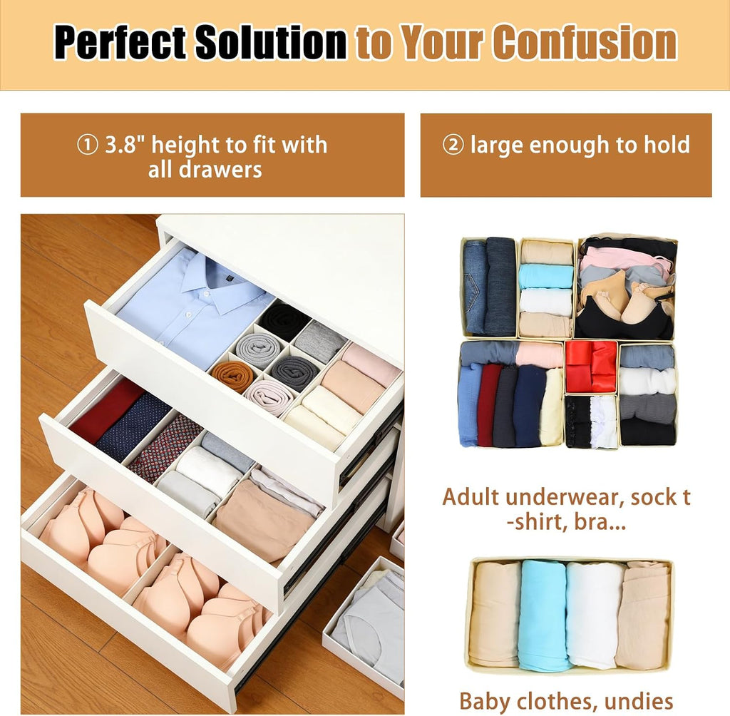 15 Pack Drawer Organizer for Clothes, Dresser Organizer for Baby Clothes, Foldable Closet Storage Dividers & Bins for Nursery, Bedroom, Underwear, Socks, Bras, and Ties (Beige)