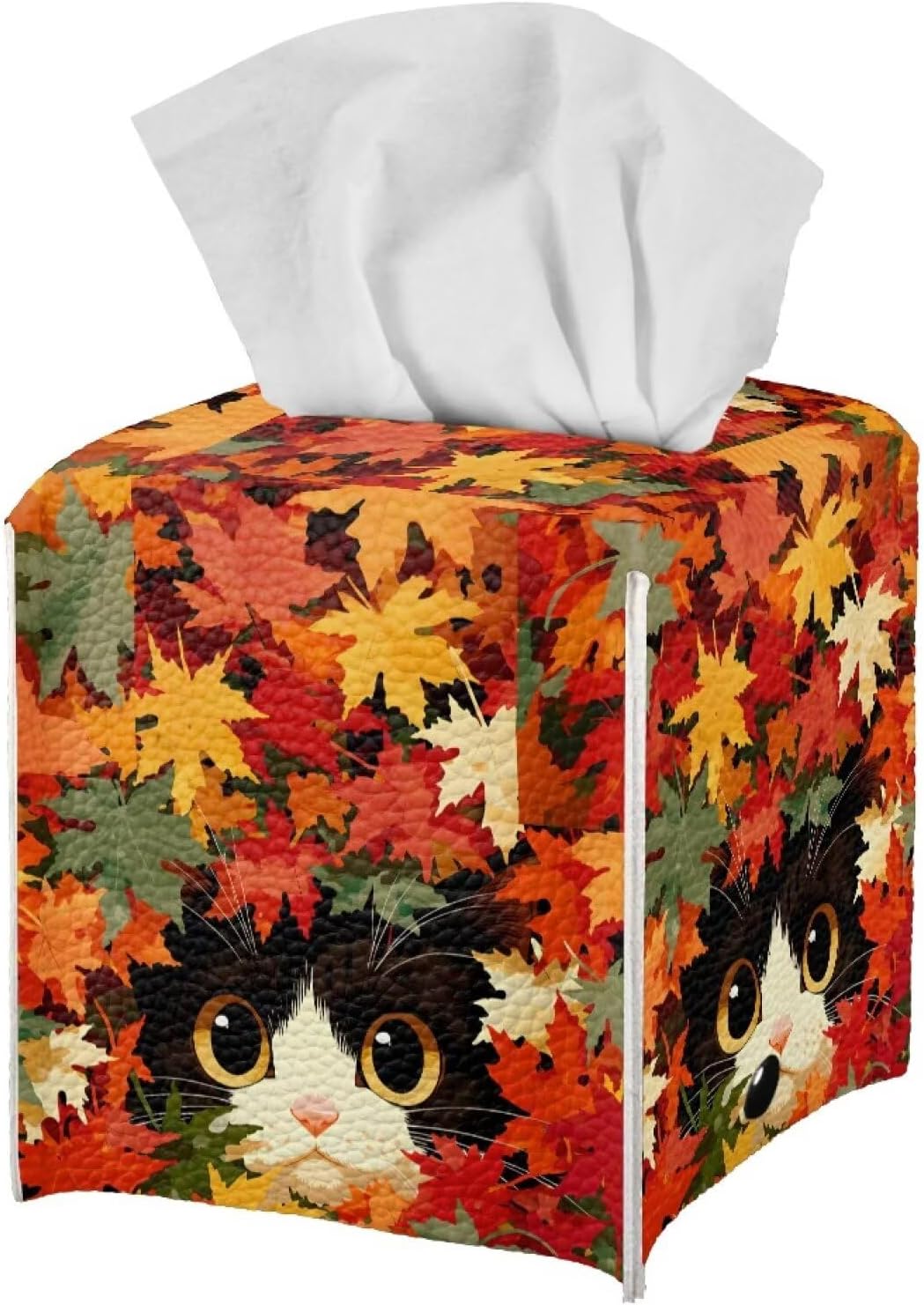 Cat Maple Tissue Box Cover Square PU Leather Desk Tissue Holder
