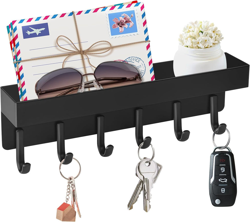 VIS'V Key Holder Wall Mount, Magnetic Key Rack with Tray, 6 Hooks, Black