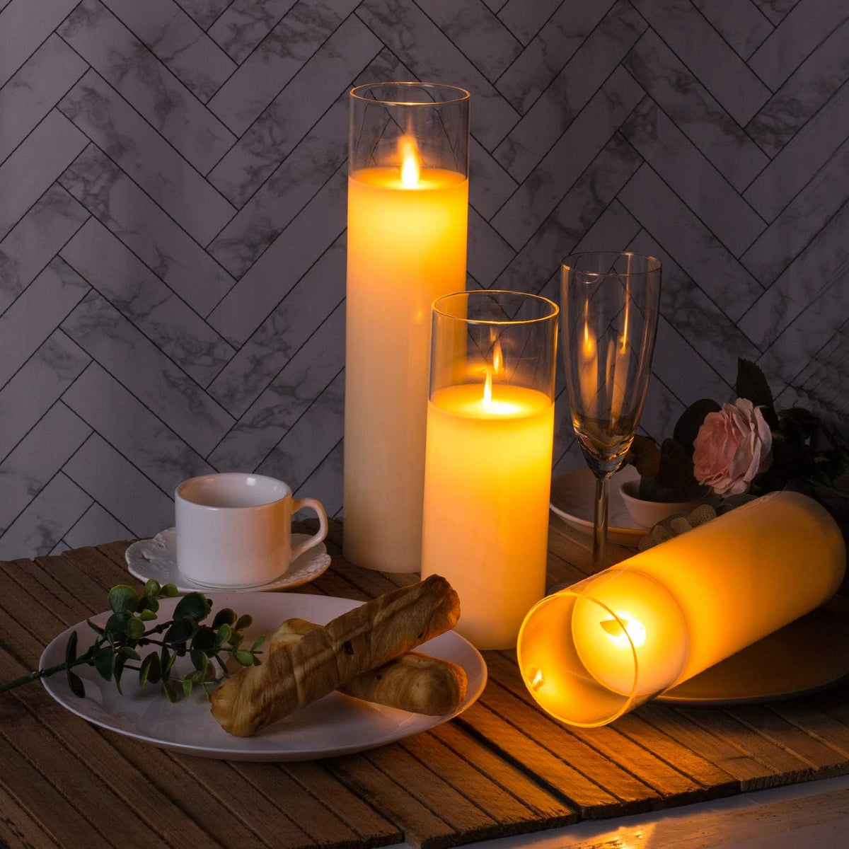 AKU TONPA Pack of 3 Flameless Candles Battery Operated Real Wax Glass Flickering LED Candle Sets with Remote Control Cycling 24 Hours Timer (3" x 8" 10" 12")