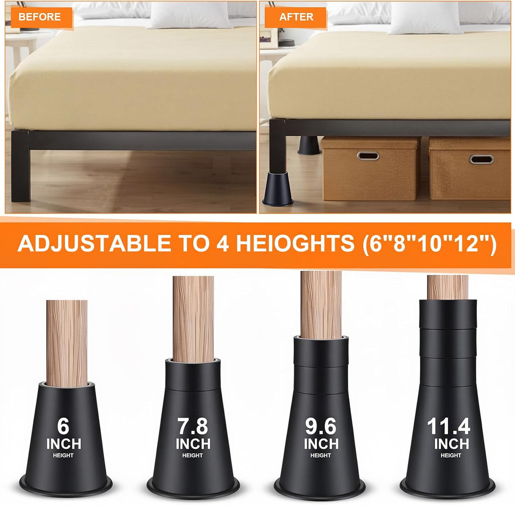 Heavy Duty Bed Risers – Adjustable Furniture Risers for Beds, Sofas, Tables, and Chairs – Supports up to 1500 Lbs(12 Inch,Stackable,Set of 4)