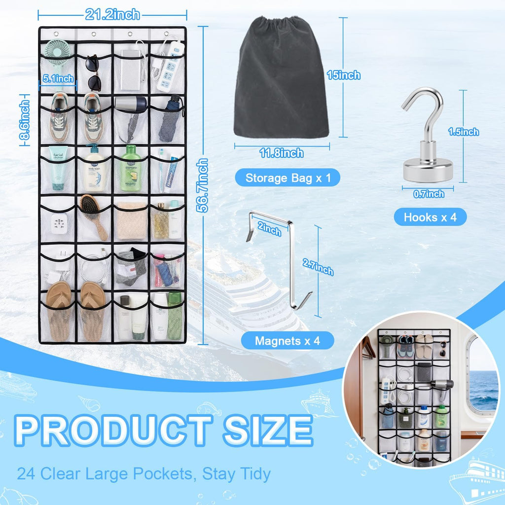 Magnetic Cruise Organizer, Over The Door Organizer for Cruise Ships with 24 Large Clear Pockets, Magnetic Shoe Rack for Door, Hanging Door Organizers for Cabin Cruise Essentials 2026（ 56.7" x 21.2"）