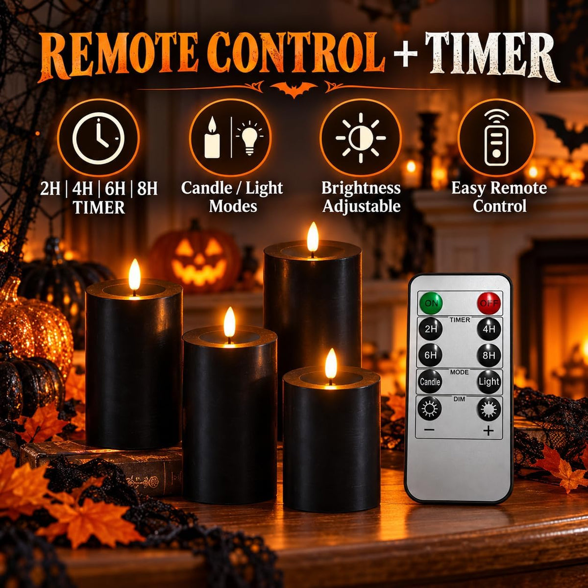 Lezonic Black Flameless Candles with Remote, LED Battery Operated Flickering with Timer, 4 Pack Glossy Wax Drips Design Real Wax Pillar for Halloween Decor, Centerpiece, Birthday Gifts (4/5/6/8 Inch)