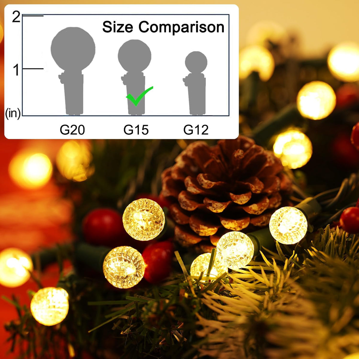 BOHON Warm White Christmas Lights String 17FT 50 LED Faceted G15 Globe