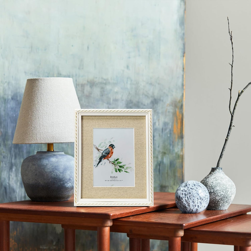 8x10 Picture Frame Pine Wood with Real Glass, Gold-Toned Synthetic Rope Edging, Linen Matted to 5x7, Vertical and Horizontal for Tabletop or Wall Hanging, White