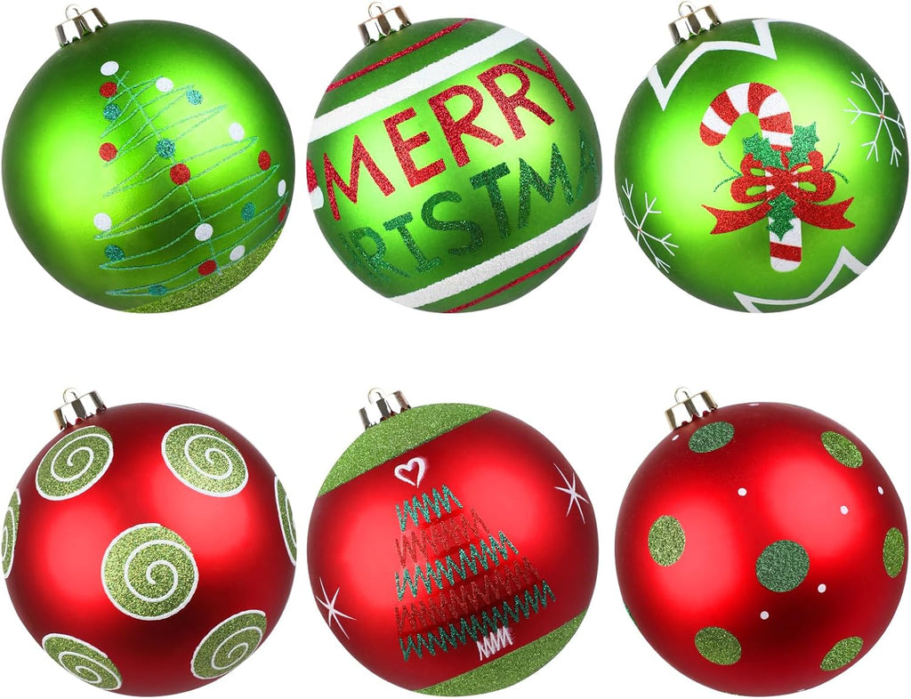 Lanpn 6Pcs 6" Large Outdoor Christmas Ornaments, Xmas Tree Elf Swirl Ball Decoration, Big Red Green Christmas Ornament, Giant Glittering String Ball Plastic Hanging Decor for Lawn Yard Holiday Party