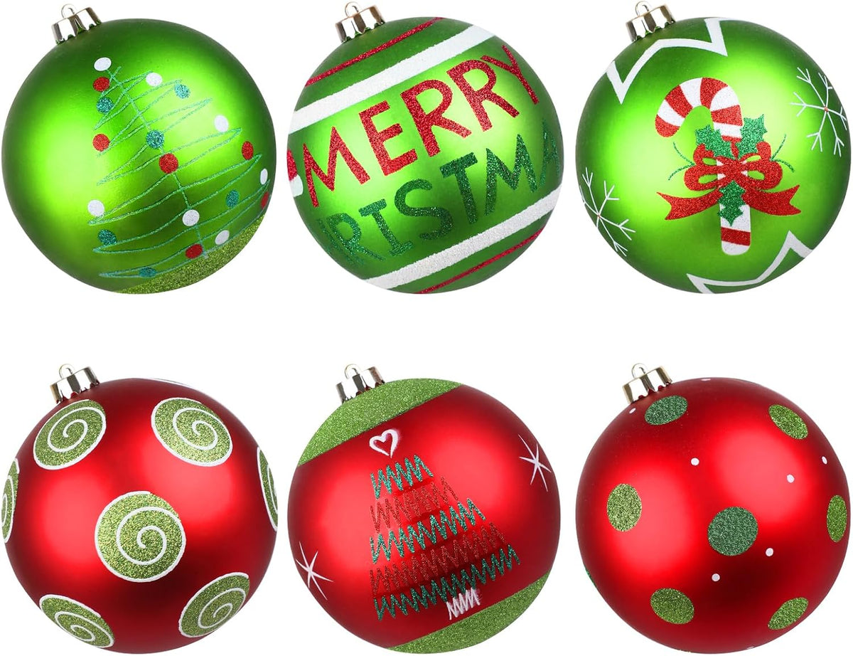Lanpn 6Pcs 6" Large Outdoor Christmas Ornaments, Xmas Tree Elf Swirl Ball Decoration, Big Red Green Christmas Ornament, Giant Glittering String Ball Plastic Hanging Decor for Lawn Yard Holiday Party