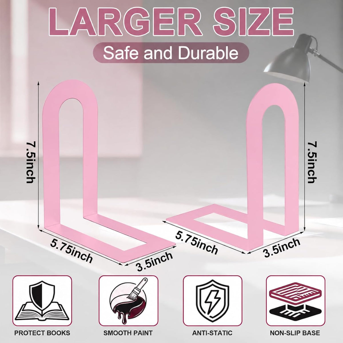 Chunful 6 Pcs Pink Metal BookEnds Shelves, 7.5 x 5.75 x 3.5 in